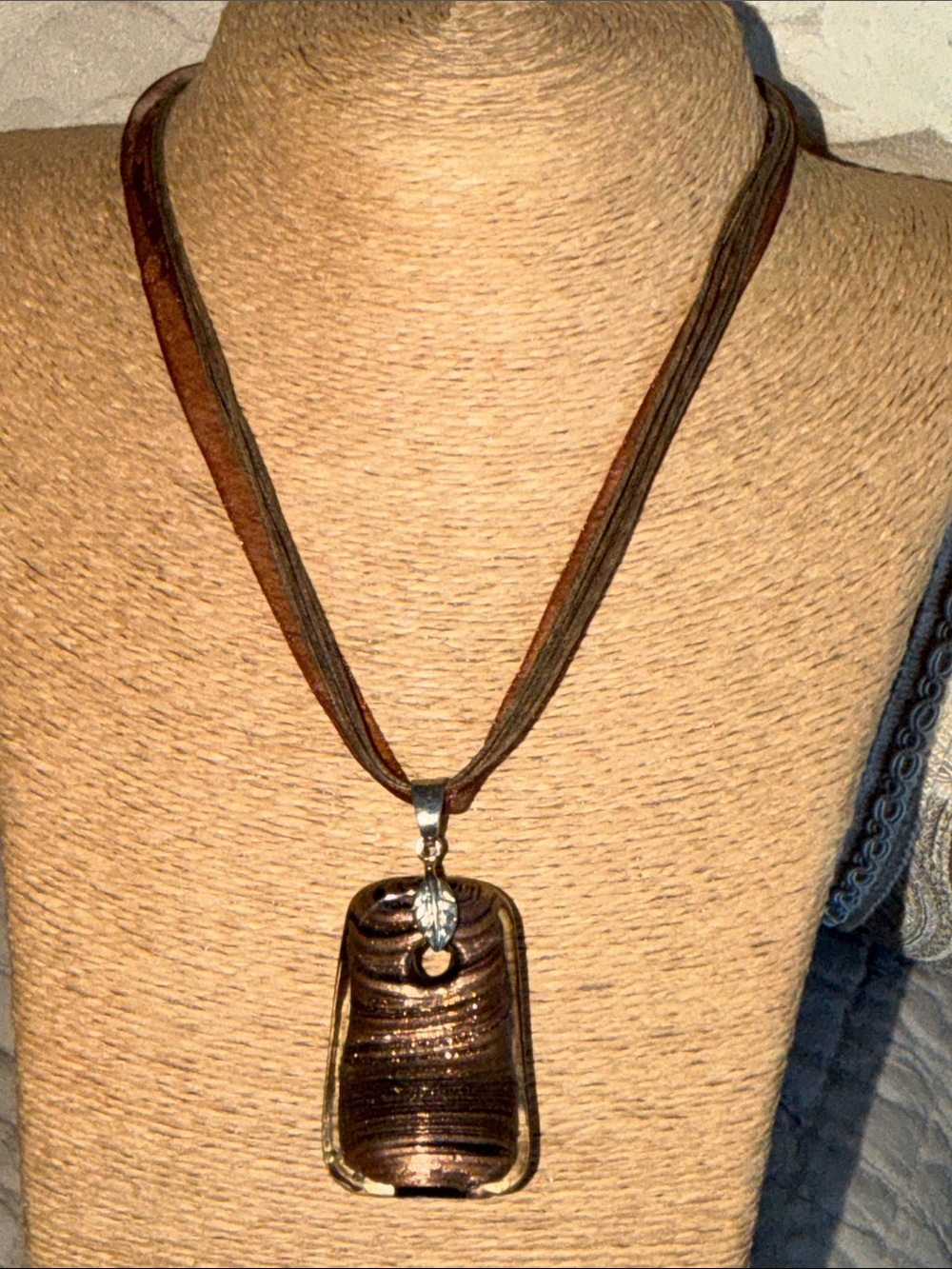 Brown Glass Pendant Necklace five strands chiffon and linen cord